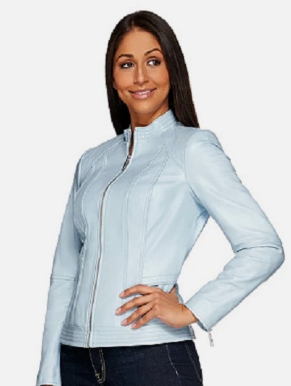 NWOT G.I.L.I. Got It Love It Pale Blue Asymmetrical Faux Leather Biker Jacket